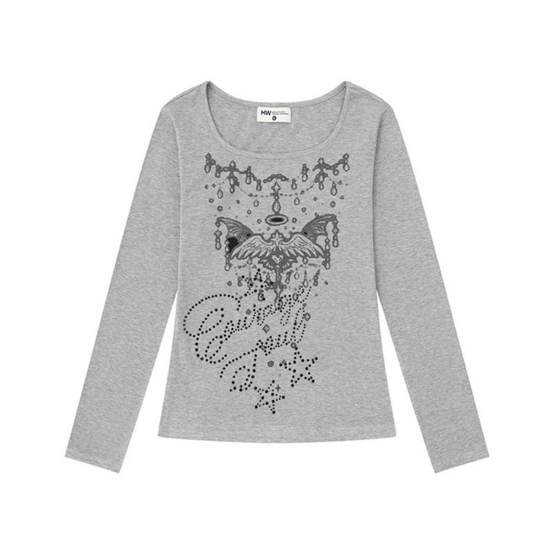 Women's long-sleeve shirt with round neckline, rhinestone print and angel motif Mune Fashion