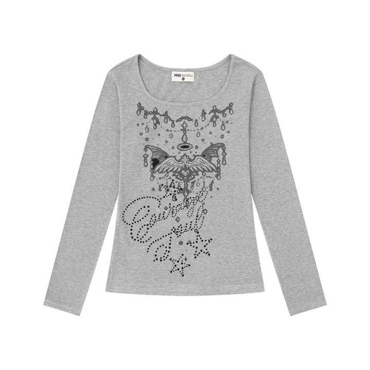 Women's long-sleeve shirt with round neckline, rhinestone print and angel motif Mune Fashion