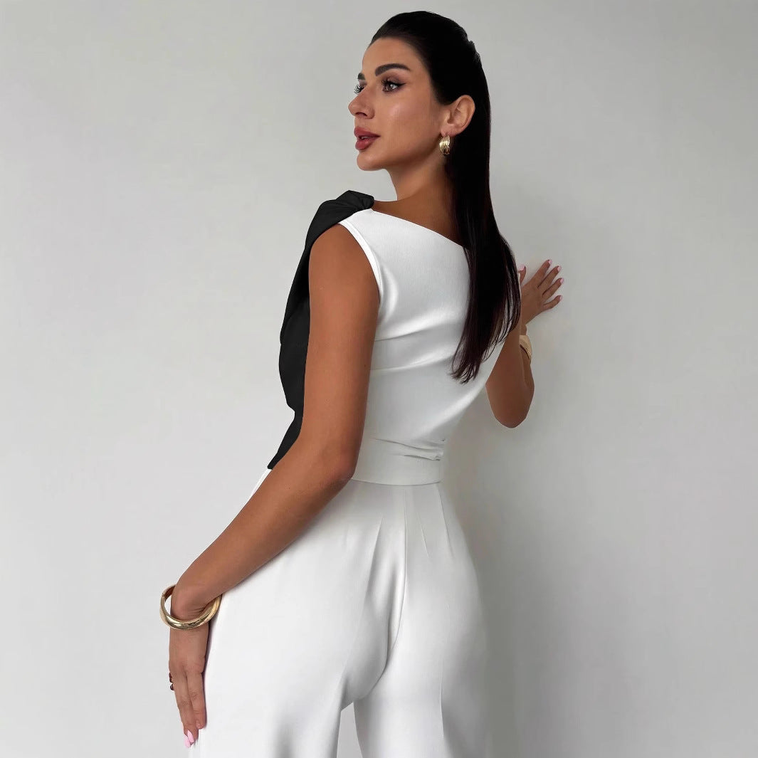 Ladies' elegant asymmetrical draped top with crossed front and figure-hugging waist Mune Fashion