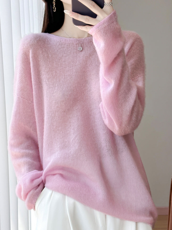 Women's Ultralight Mohair-Look Oversized Sweater with Boat Neck and Drop Shoulder Mune Fashion