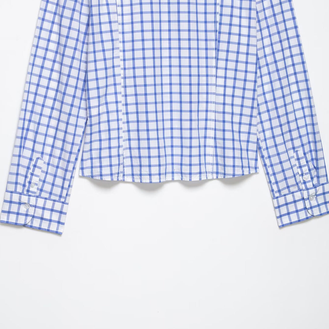 Women's tailored checkered shirt blouse made of cotton blend with Kent collar Mune Fashion