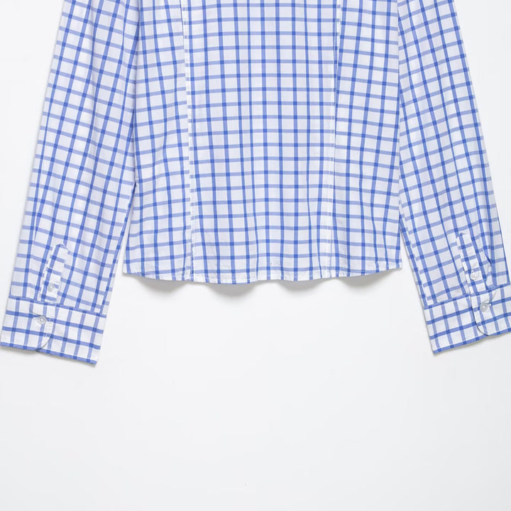 Women's tailored checkered shirt blouse made of cotton blend with Kent collar Mune Fashion
