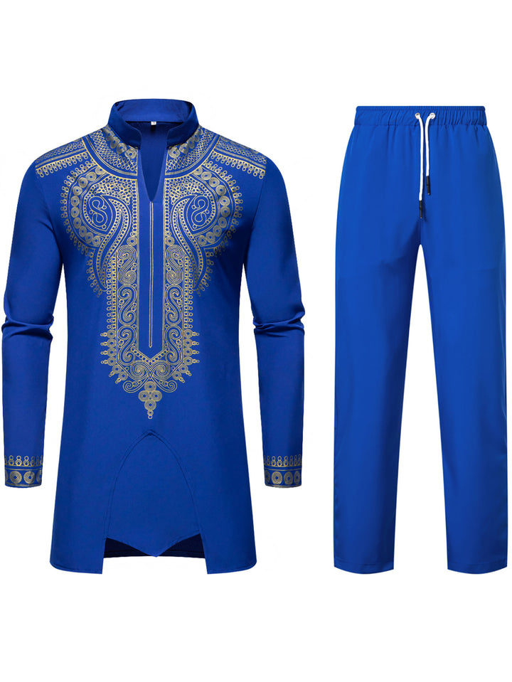 Men's Traditional Embroidered Tunic Set with Mandarin Collar and Elastic Pants Mune Fashion