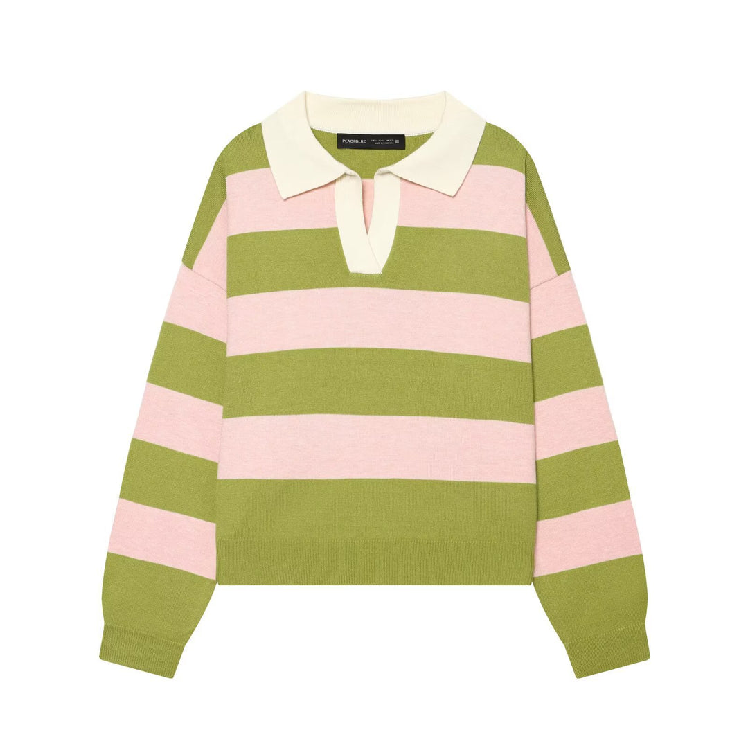 Women Oversized Rugby Sweater with Polo Collar and Wide Block Stripes Mune Fashion