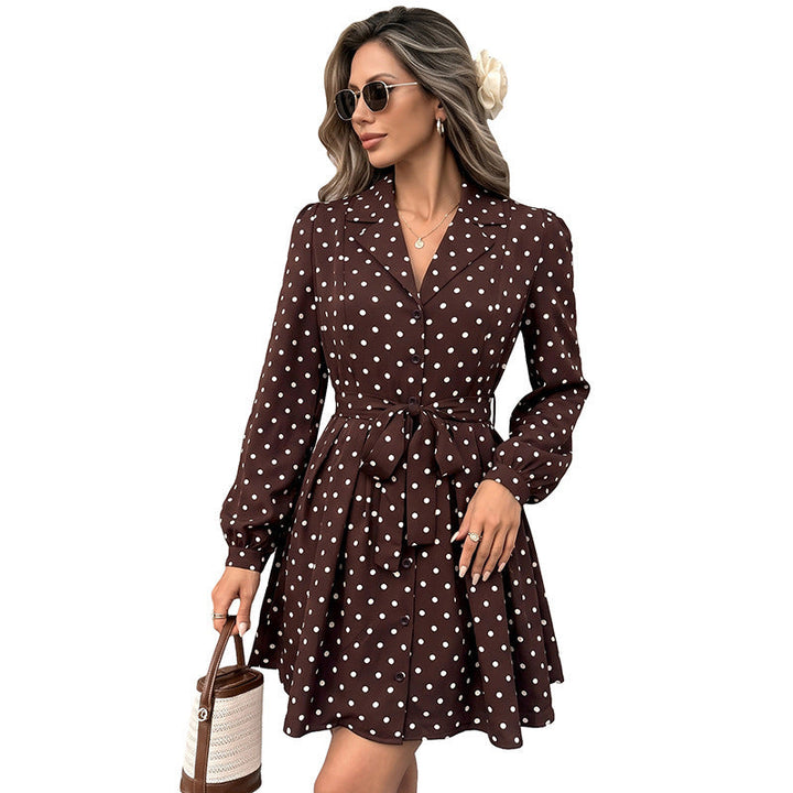 Women's Polka Dot Shirt Dress with Waist Belt and Swinging A-Line Mune Fashion