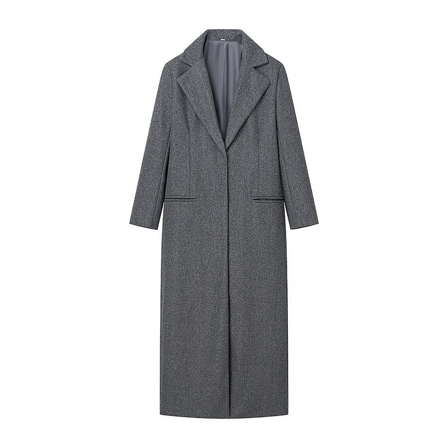 Women’s Maxi Length Wool Mix Coat with Integrated Loop Scarf and Clean Lapel Mune Fashion