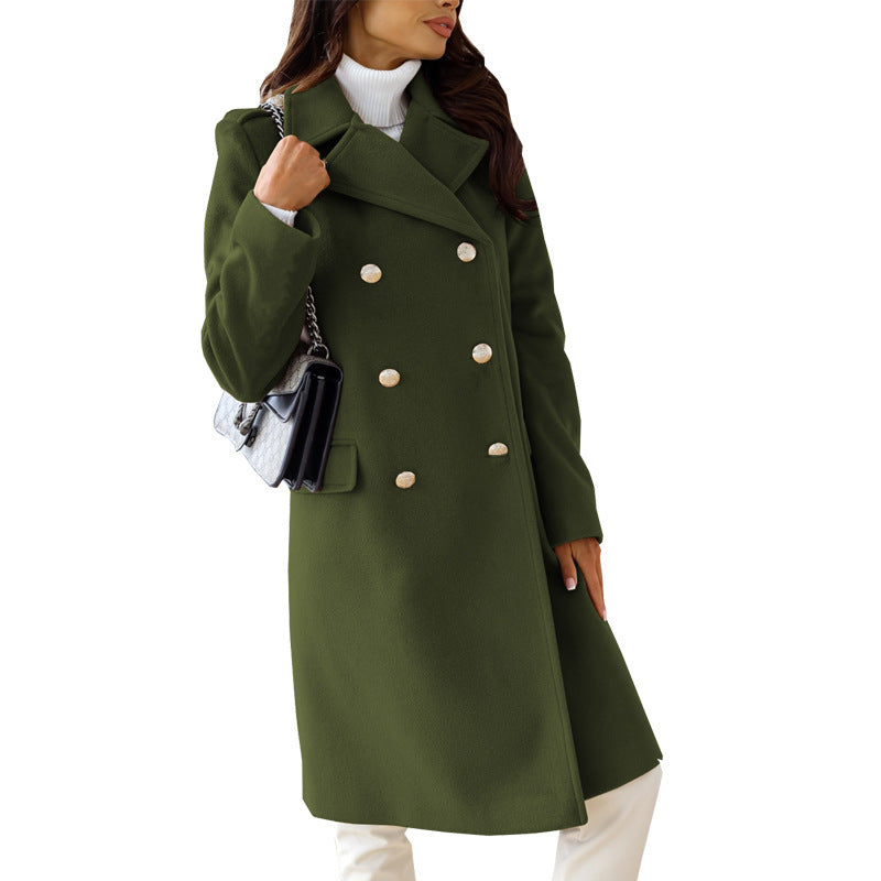 Women's tailored wool blend long coat with double button placket, lapel collar, and flap pockets Mune Fashion