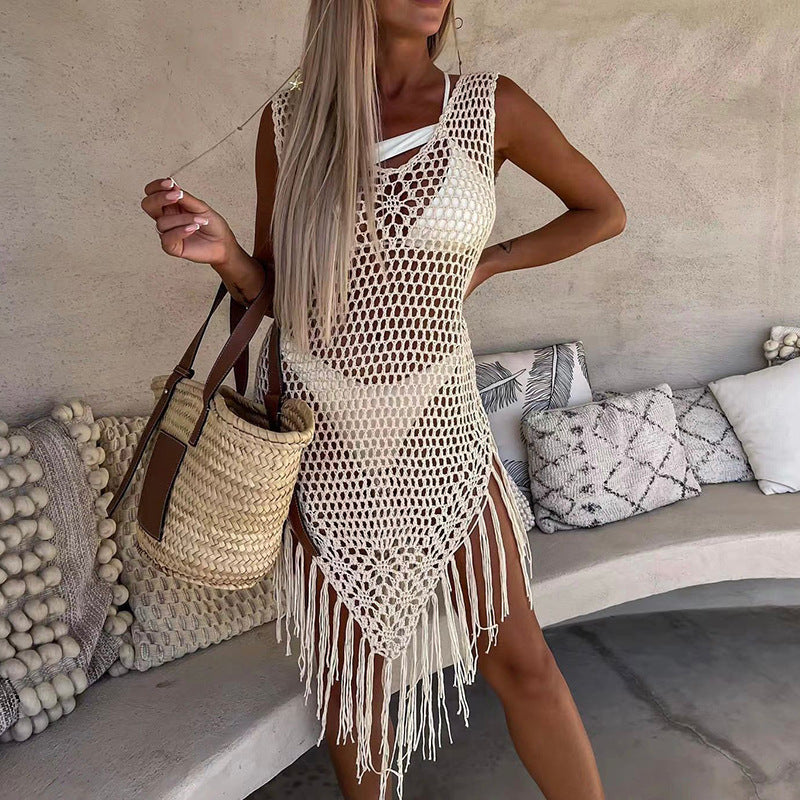 Women's crocheted beach cover-up with fringes Mune Fashion