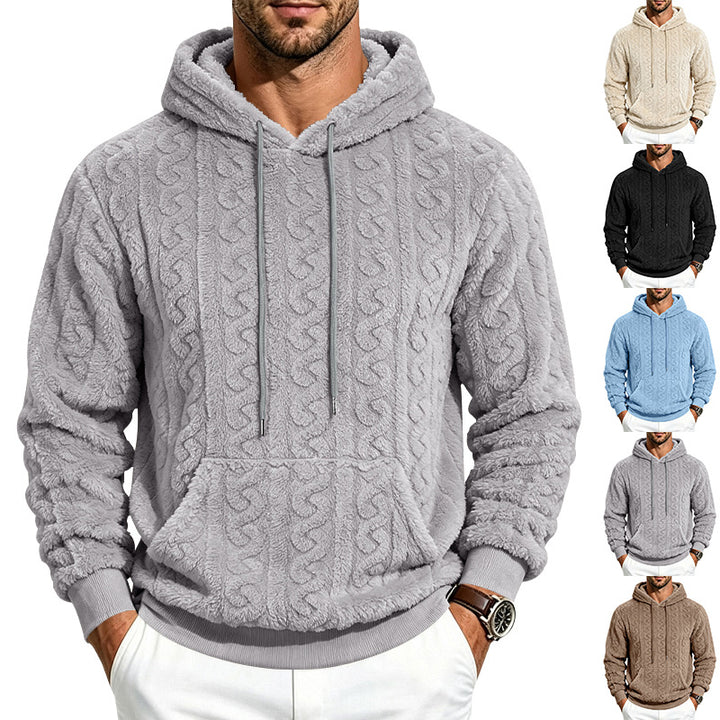Men's teddy fleece pullover with cable pattern, hood and kangaroo pocket Mune Fashion