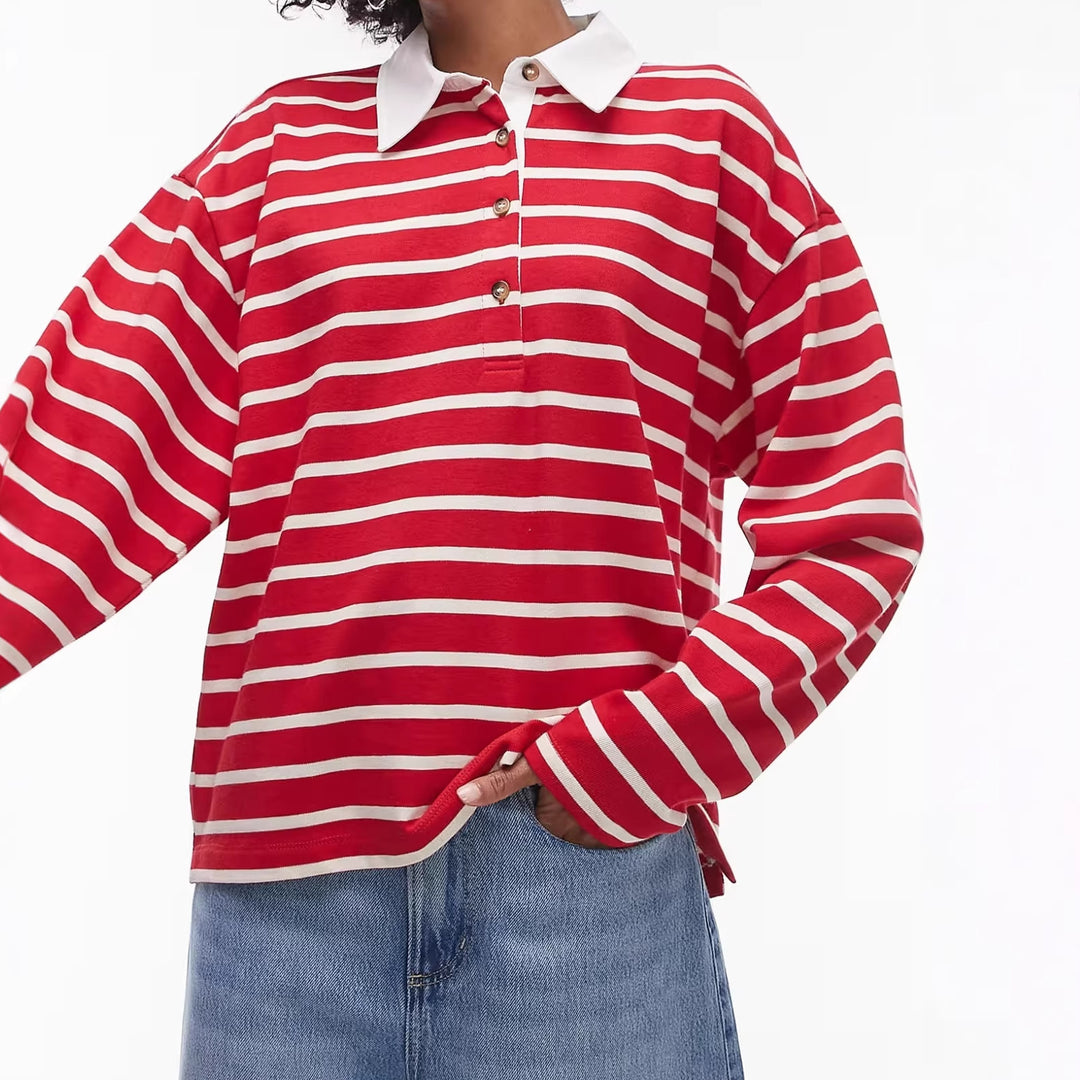 Women's Casual Striped Shirt with Polo Collar