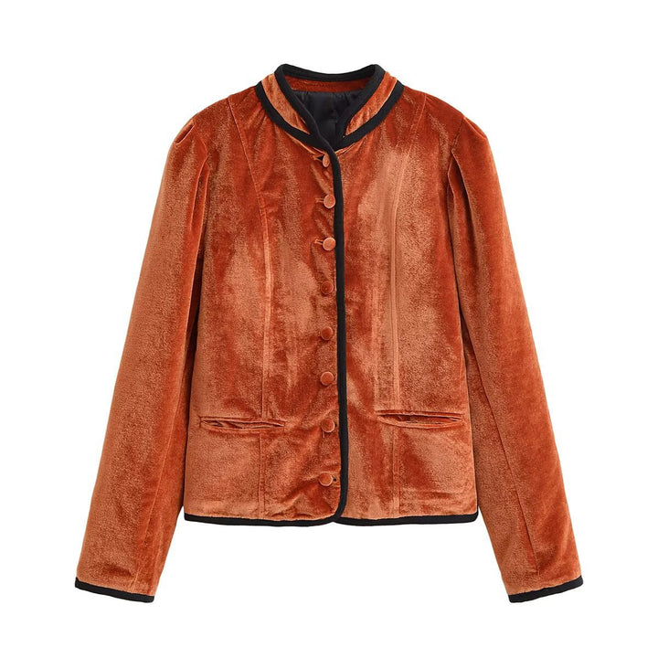 Women's velvet blazer-style jacket with stand-up collar and covered buttons Mune Fashion