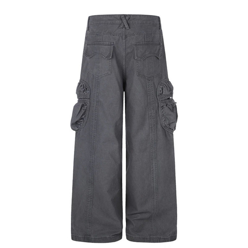 Women's wide utility cargo pants with gathered side pockets and decorative seams Mune Fashion