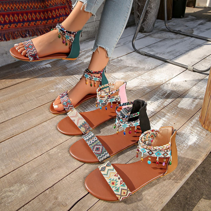Women's Boho Sandals with Embroidered Straps, Braided Ankle Straps, and Decorative Beads Mune Fashion