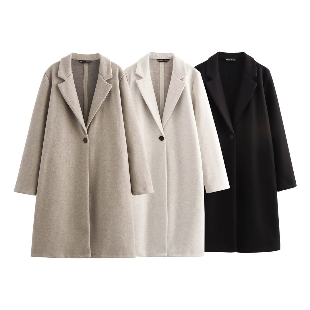 Ladies Purist longline coat with lapel collar, single button closure and soft felt finish Mune Fashion