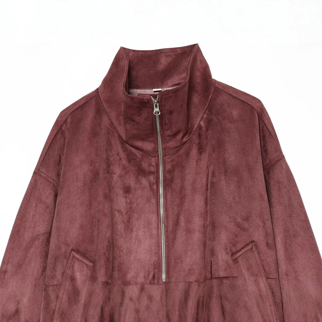 Women's short suede look bomber jacket with stand-up collar and elastic hem