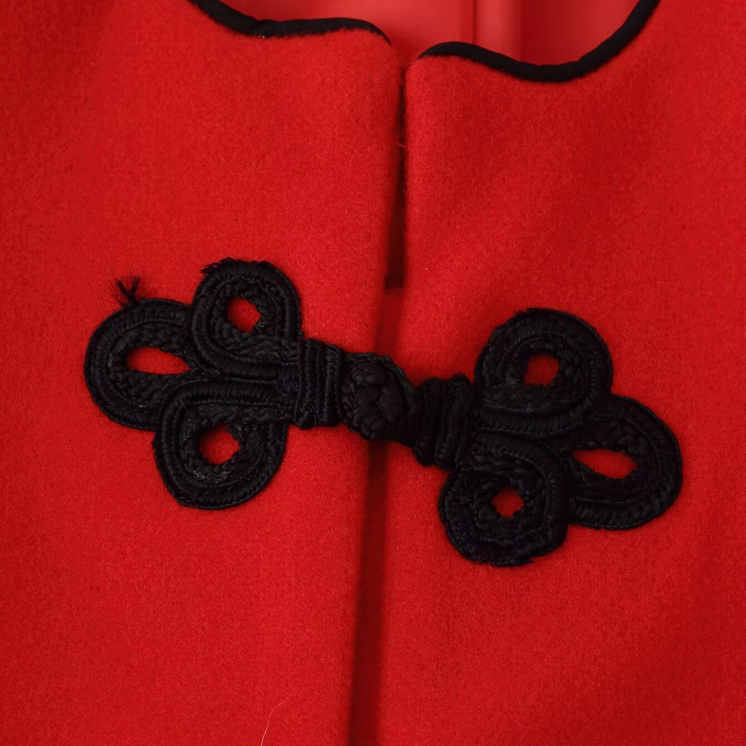 Women's Tailored Short Jacket in Mandarin Style with Keyhole Neckline and Decorative Knot Closures Mune Fashion