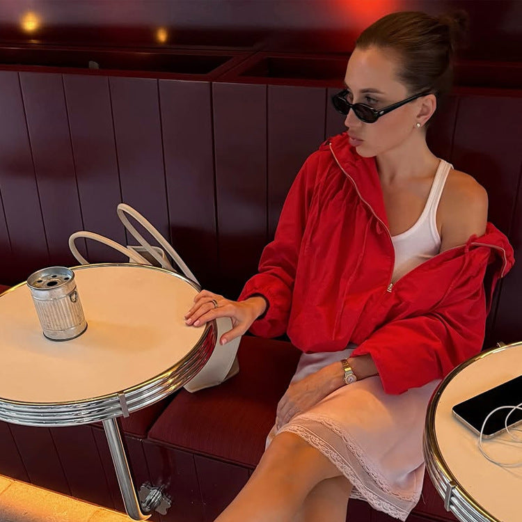 Women's Lightweight Nylon Haori Hoodie Jacket with Ruffled Collar, Drawstring and Balloon Sleeves Mune Fashion