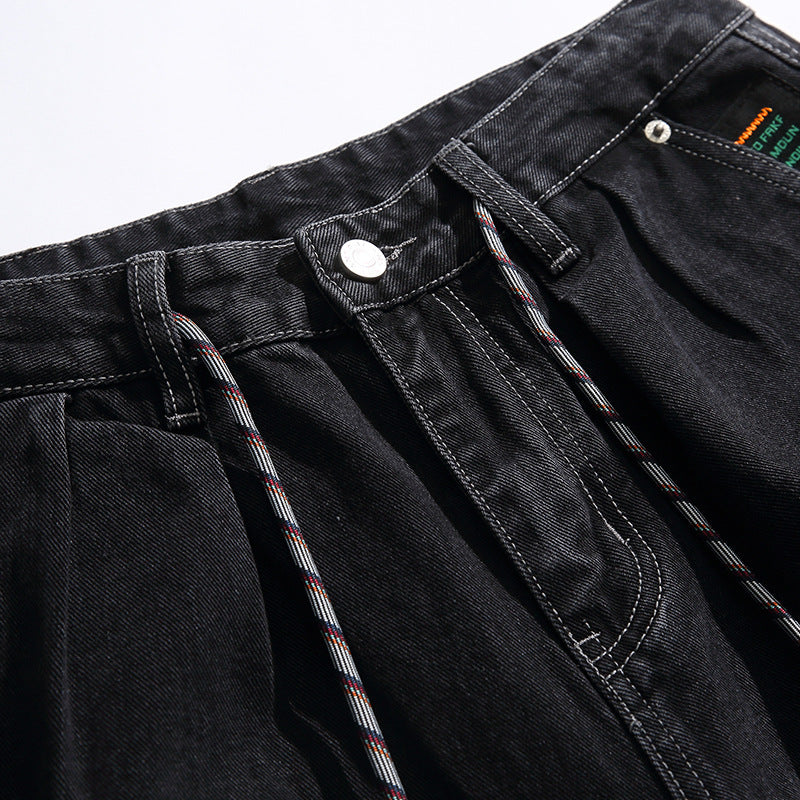 Unisex Wide Baggy Jeans with Drawstring Waist, Pleated Front and Utility Pockets Mune Fashion