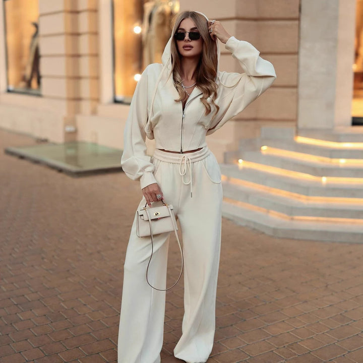 Women's short zip hoodie set with balloon sleeves and high waist wide-leg lounge pants Mune Fashion