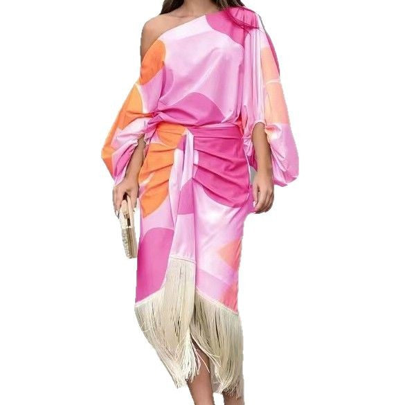 Women's nano asymmetrical draped midi dress with one-sided shoulder, voluminous sleeve cut and fringe hem Mune Fashion
