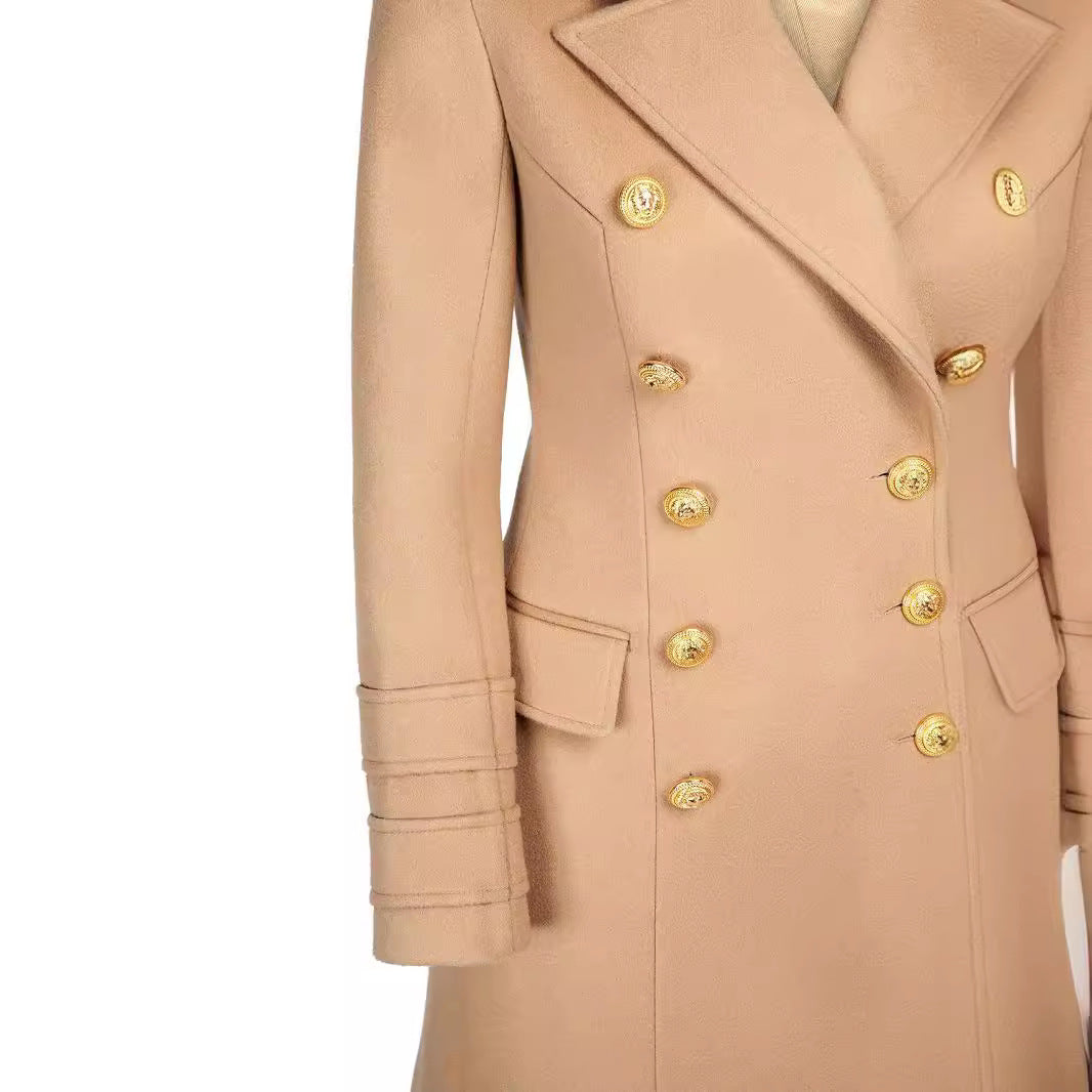 Women’s short coat in blazer dress style with structured waistline and golden decorative buttons Mune Fashion