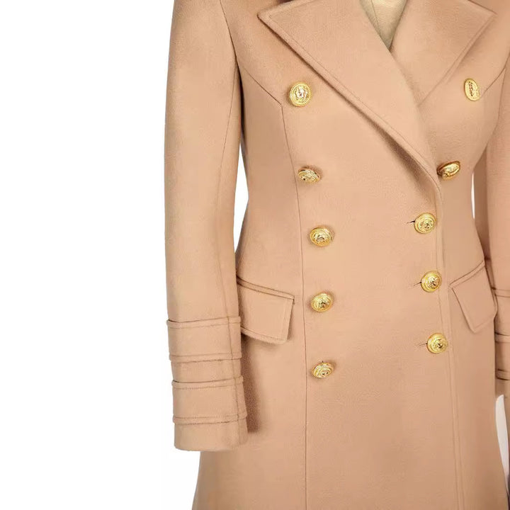 Women’s short coat in blazer dress style with structured waistline and golden decorative buttons Mune Fashion