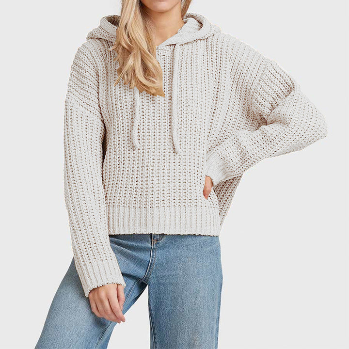 Women's chunky knit hoodie with waffle texture, dropped shoulder and short hem Mune Fashion