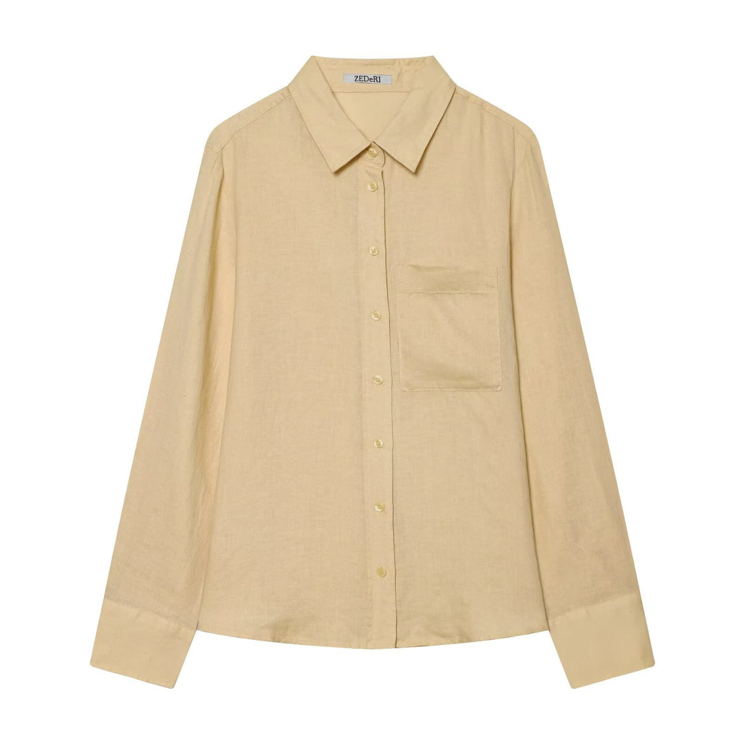 Women Oversized Shirt Blouse in Linen Look with Chest Pocket and Cuffs Mune Fashion