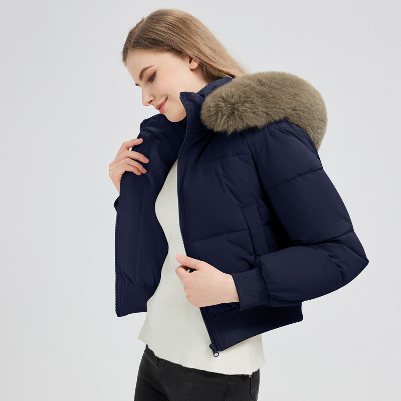 Women's short quilted hooded jacket with faux fur trim and ribbed hem Mune Fashion