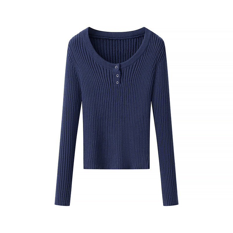 Women's Ribbed Long Sleeve Top with Deep V-Neck and Eyelet Trim Mune Fashion