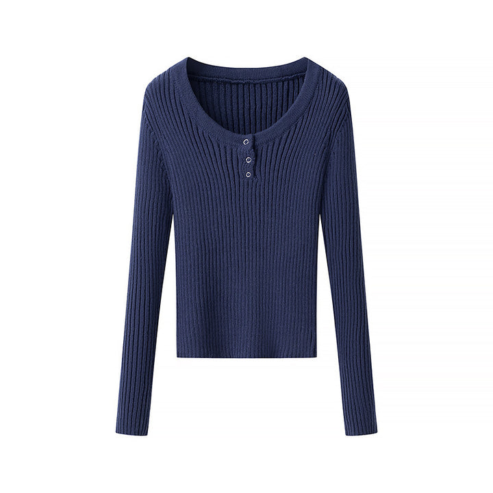 Women's Ribbed Long Sleeve Top with Deep V-Neck and Eyelet Trim Mune Fashion
