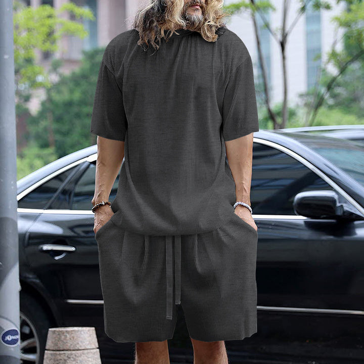 Men's modern ribbed leisure set with wide short-sleeve shirt and elastic drawstring pants Mune Fashion