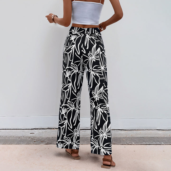Women's High-Waisted Wide Pants with Floral Pattern Mune Fashion