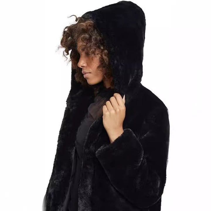 Women's Midi-Length Hooded Faux Fur Coat with Open Front and Lined Insert Pockets Mune Fashion