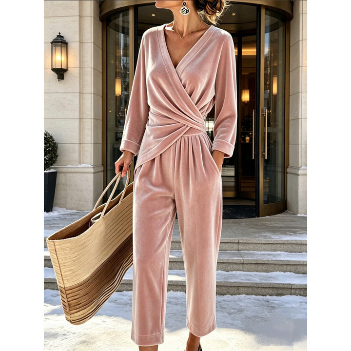 Women's velvet jumpsuit with wrap top, tailored draping, and wide ankle-length leg Mune Fashion