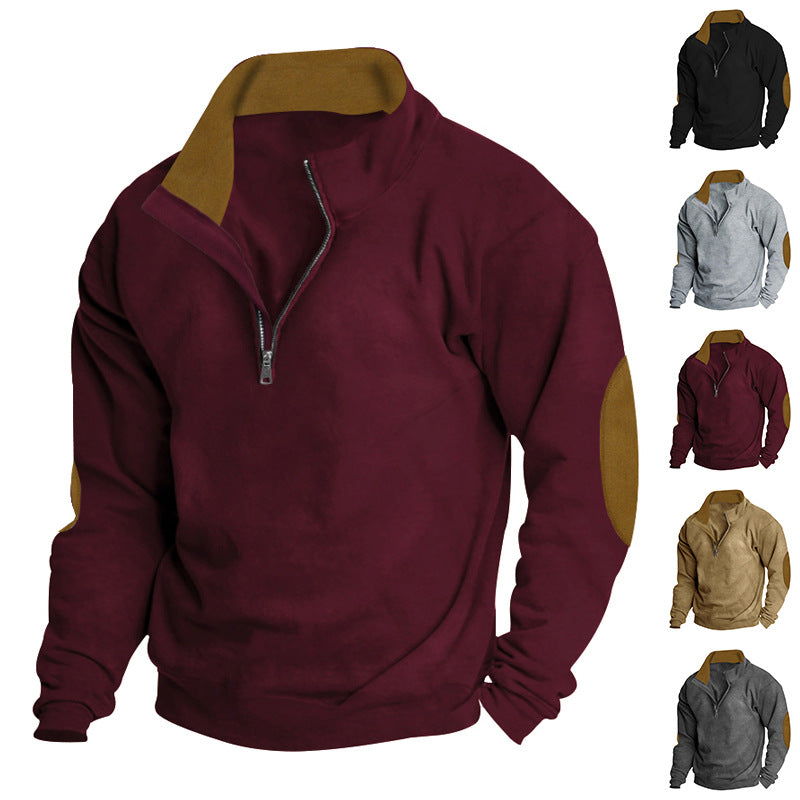 Men's casual cardigan with short front zipper, soft inner lining, and suede sleeve trim Mune Fashion