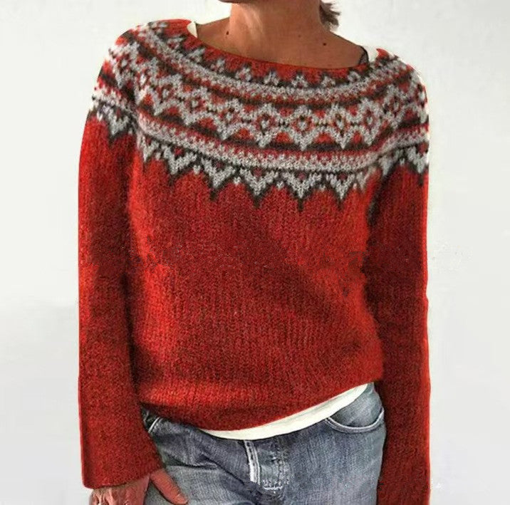 Women's gray marled round neck sweater with circular jacquard yoke and ribbed hem Mune Fashion