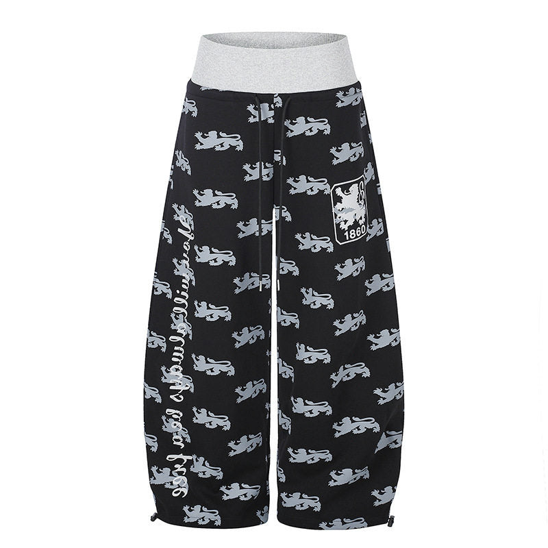 Women's Wide Culotte Palazzo Sweatpants with High Ribbed Waistband, Drawstring and Heraldic Coat of Arms Print Mune Fashion
