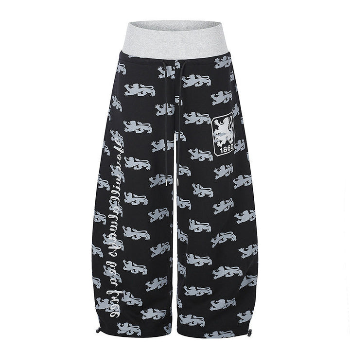 Women's Wide Culotte Palazzo Sweatpants with High Ribbed Waistband, Drawstring and Heraldic Coat of Arms Print Mune Fashion