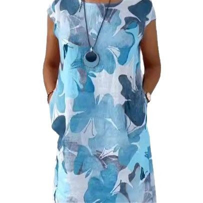 Ladies' airy tunic midi dress made of linen blend with watercolor flower print and side pockets Mune Fashion