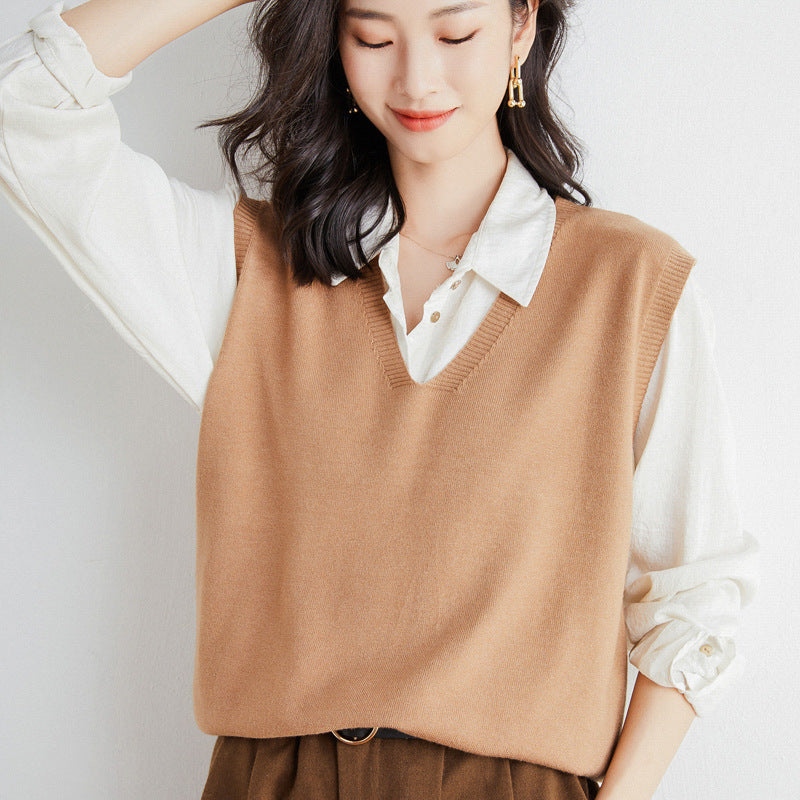 Women's Oversized V-neck Fine Knit Vest with Ribbed Hem Mune Fashion
