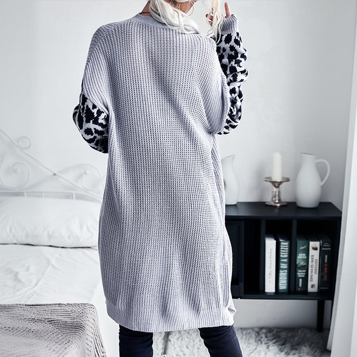 Women Long Open Knit Cardigan with Leopard Pattern Sleeves and Ribbed Hem Mune Fashion