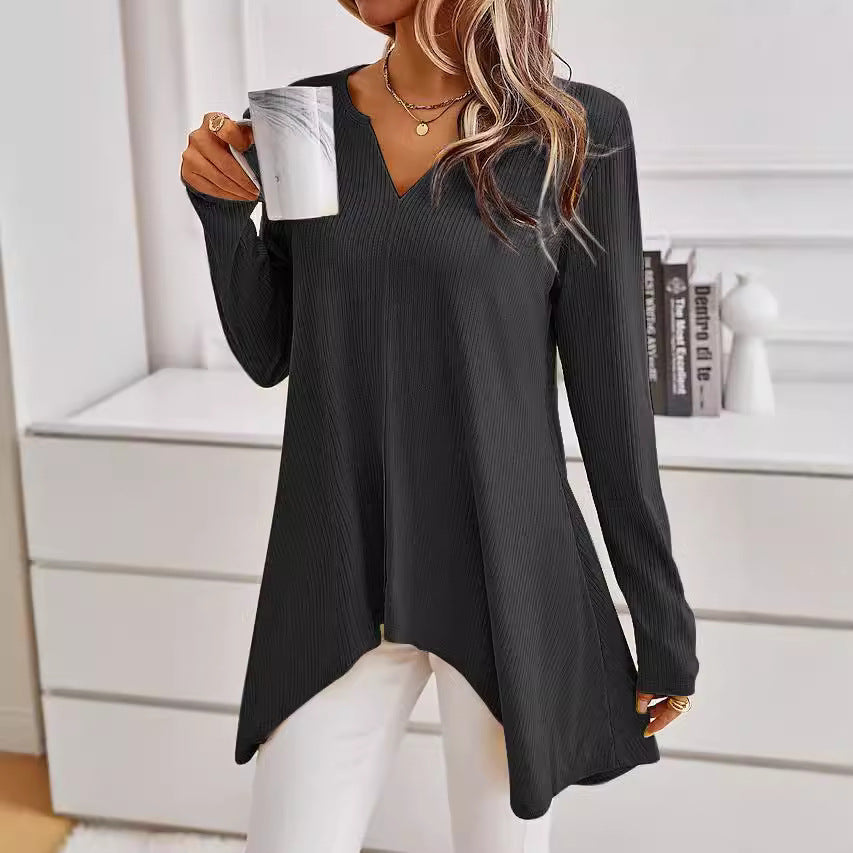 Women's Ribbed Long Sleeve Tunic with V-Neck and Asymmetrical Shark Hem Mune Fashion