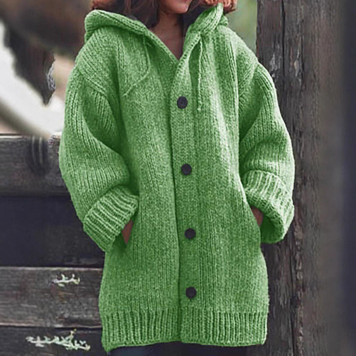 Women Long Slouchy Chunky Knit Coat Cardigan with Hood, Dropped Shoulder and Large Buttons Mune Fashion