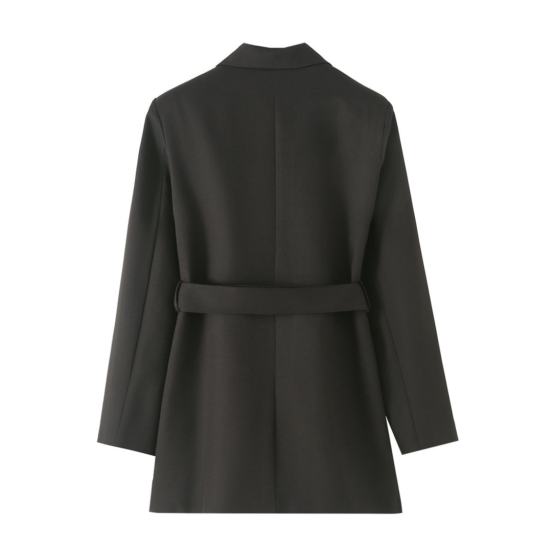 Women's tailored belted blazer with asymmetrical shawl collar and flap pockets Mune Fashion