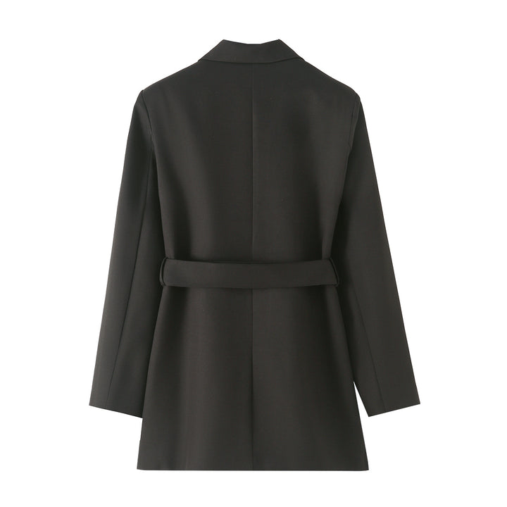 Women's tailored belted blazer with asymmetrical shawl collar and flap pockets Mune Fashion