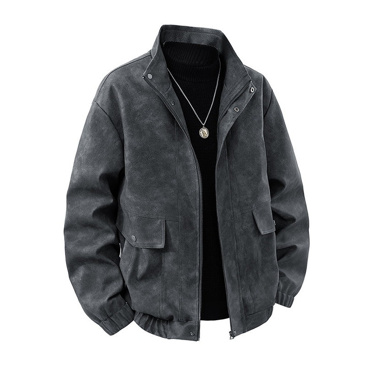 Men's suede leather imitation bomber jacket with stand-up collar and flap pockets Mune Fashion