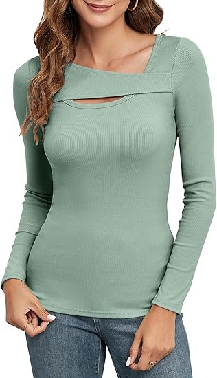 Women's Ribbed Long Sleeve Shirt with Asymmetrical Off-Shoulder Neckline and Chest Cut-Out Mune Fashion