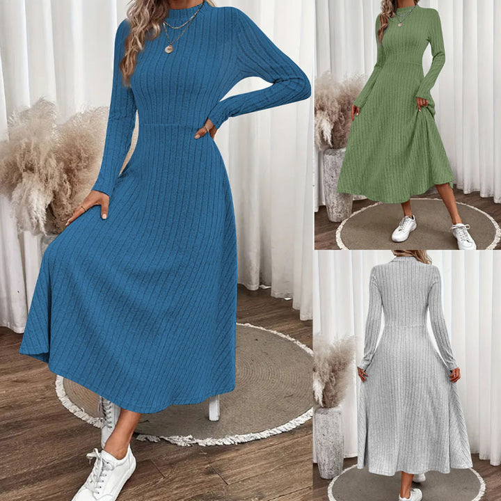 Women's Ribbed Knit Midi Dress with High Mock Neck and Tailored A-Line Shape