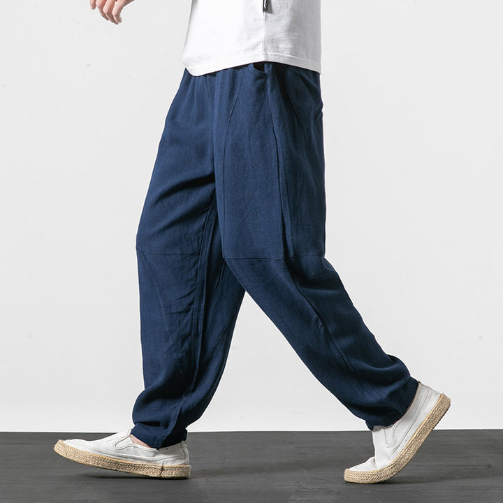 Men's Soft Linen Blend Lounge Pants with Dropped Crotch, Elastic Waistband, and Tapered Leg Mune Fashion